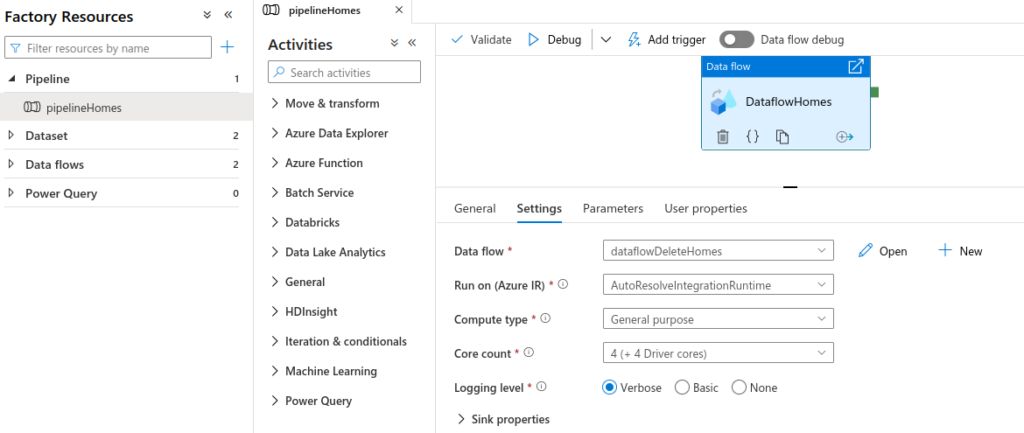 Azure Data Factory: Pipeline with a Data flow