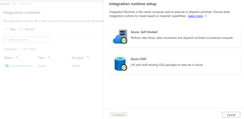 Azure Data Factory: Custom Integration Run time: Step 1