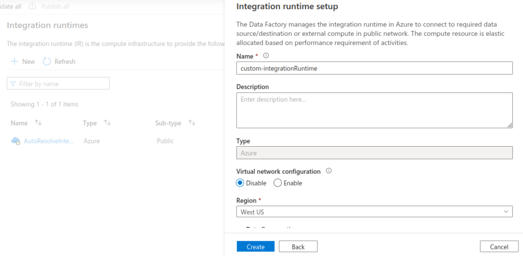 Azure Data Factory: Custom Integration Run time: Step 3