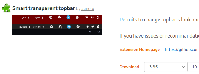 customize Ubuntu 20.04: fully transparent top bar extension 